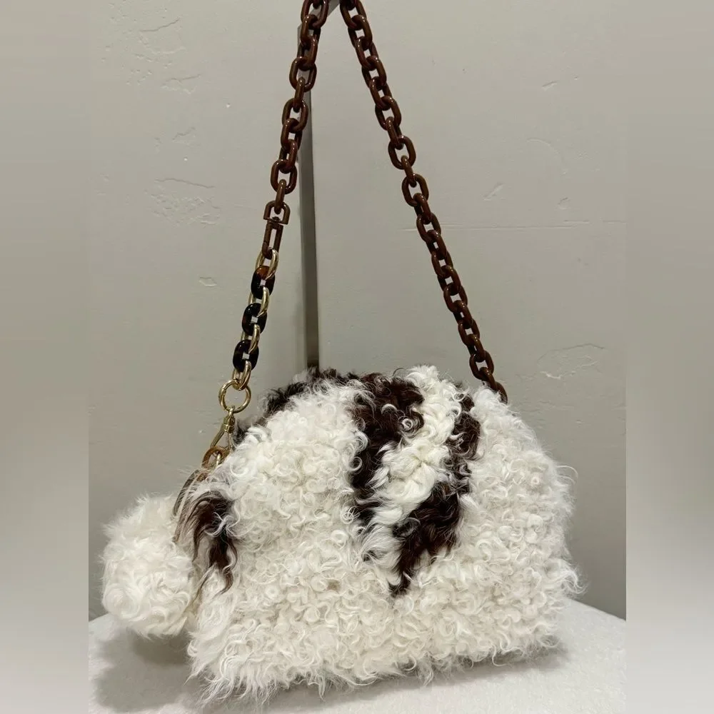 Handmade Natural Curly Shearling Handbag, Real Lamb Fur Shoulder Bag/Crossbody